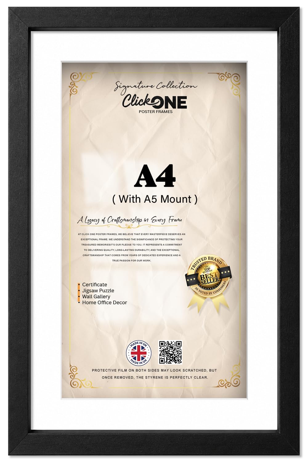 Click One — Elegant Poster Frame A4 (21.00 X 29.70 Cm) With A5 (14.80 X 21.00 Cm) White Mount Wood Finish — Rectangle Display For Living Room Décor 11 X 8 Inch Matt Black For Photos
