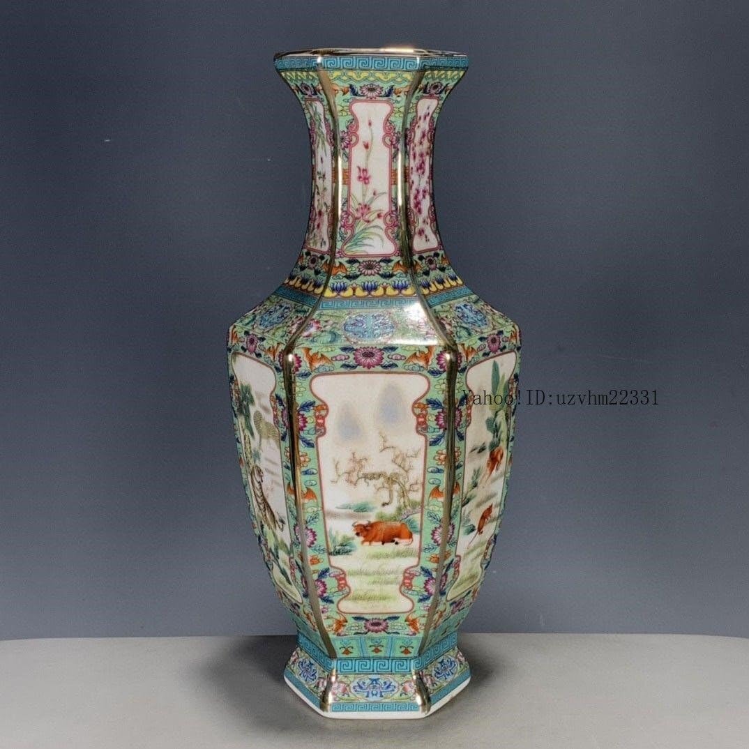 パステルとエナメル花動物六角花瓶 景徳鎮 陶磁器 装飾品 工芸品 美術