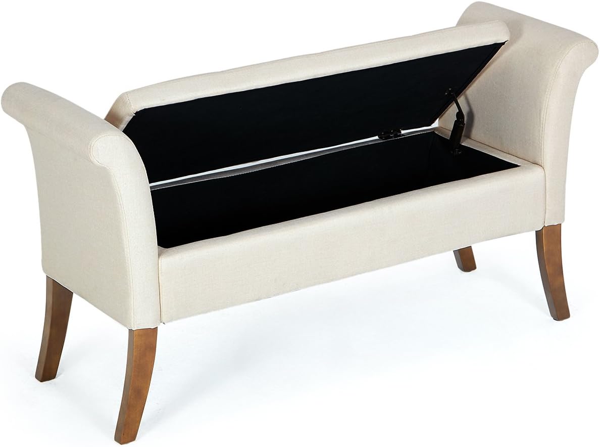 BELLEZE Modern 50 Inch Tufted Storage Ottoman Bench, Cushioned Settee Upholstered Window Lounge Sofa Couch Seat, Fireplace Furniture, Rolled with Arms & Wood Legs - Bradley (White)