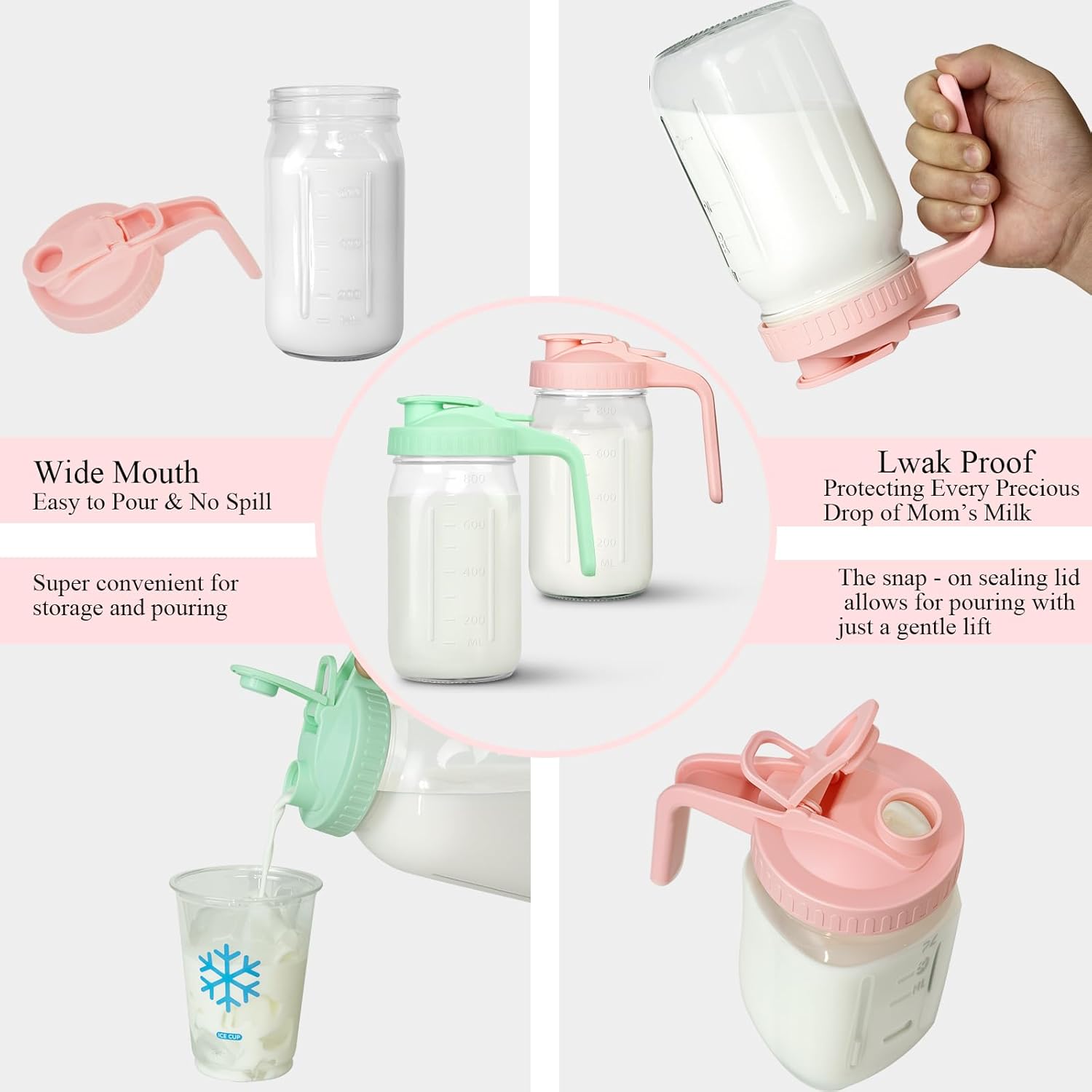 Mason Jar Pitcher, 32 oz Glass Milk Pitcher, Wide Mouth & Leakproof Glass Pitcher with Lid for milk, Sun Tea, Juice, Cold Brew Coffee and Drinks - Image 6