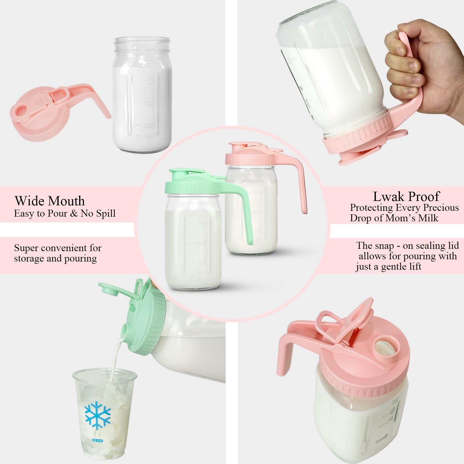 Lot de 2 pichets pour lait maternel, bocaux en verre avec couvercle, large ouverture et pichet en verre étanche pour lait maternel, thé au soleil, jus, café à froid et boissons (vert, rose)