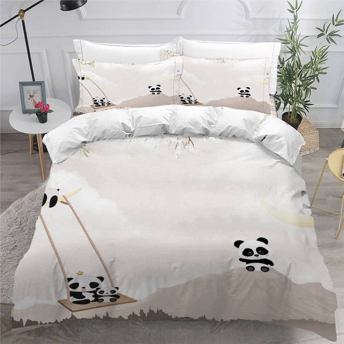 Housse De Couette 140x200cm Panda Lion - Parure De Lit Animaux Jungle Pour Enfant Et Ado Avec 2 Taies D'Oreiller