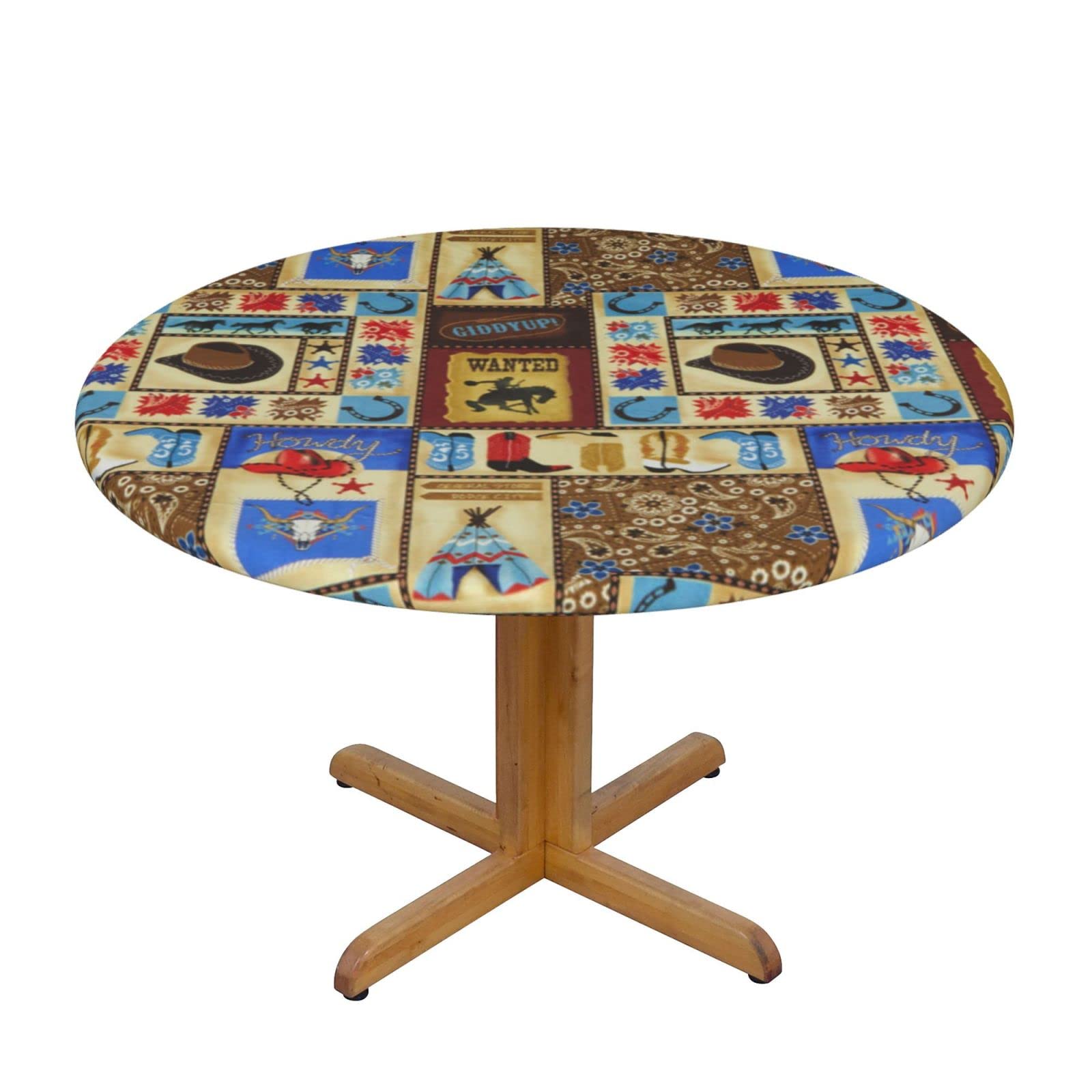Lsjuee Round Fitted Tablecloth 40-44in Elastic Edged Table Cloth for Kitchen Dining Party Home Decor - Western Tribe Cowboy Paisley Vintage
