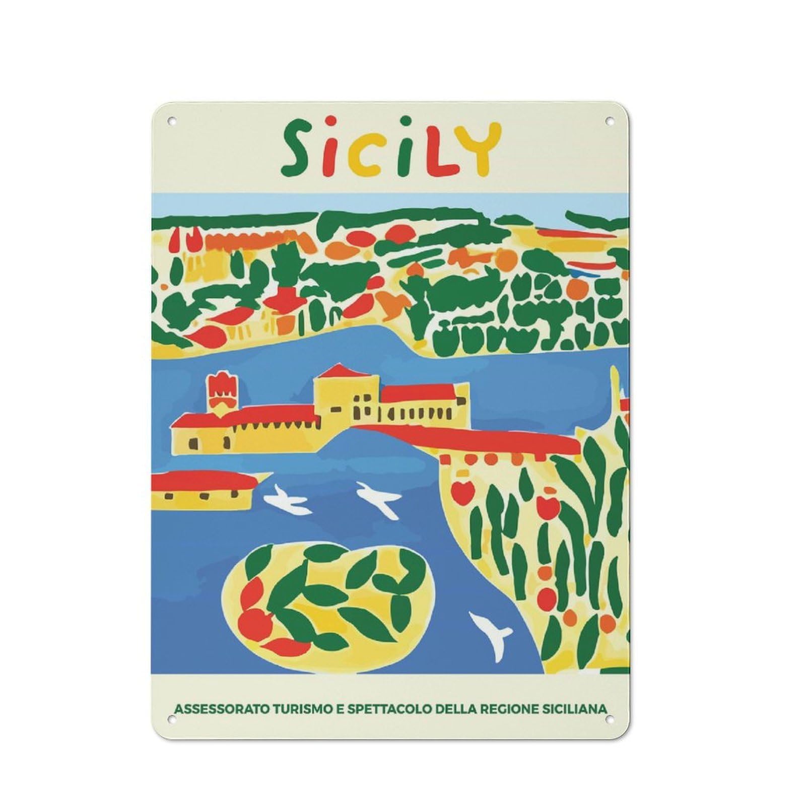 Junmoney Style-10 Retro Metal Wall Sign 40X30cm Featuring Sicily Colorful Landscape For Pub Or Café, For Garage, Workshop And Man Cave Decoration