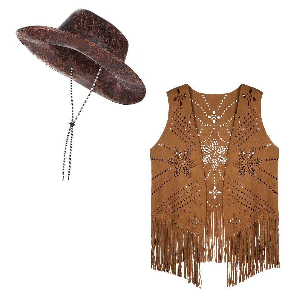 Womens Tassel Vest Cowgirl Hat Cowgirl Costume Set Fringe Vest Cowboy Hat 60s 70s Hippie Costume Clothes Faux Suede Open Front Sleeveless Waistcoat Jacket for Hippie Disco Carnival Halloween Party