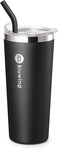 Vaso térmico de 24 oz con tapa y pajilla, de acero inoxidable, para mujer, con aislamiento al vacío, taza de café a prueba de sudor (negro)