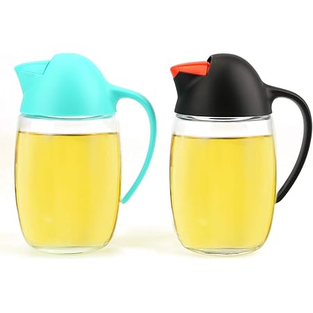 Lawei 2 Packs 21 oz Oil Dispenser Bottle - Automatic Cap Glass Olive Oil and Vinegar Bottle - Anti-Drip Dispensing Container for Kitchen