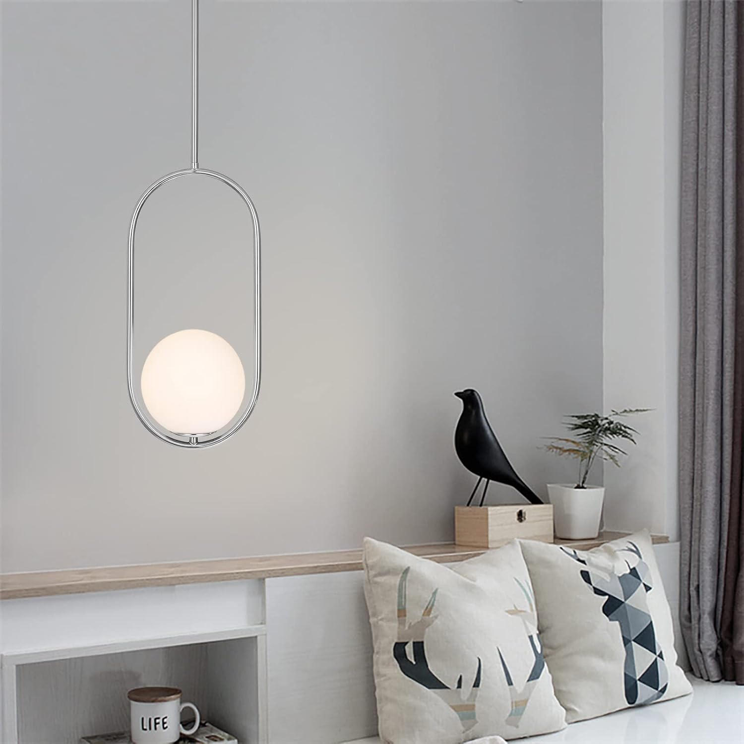 SeeU Pendant Lighting Modern Style Chrome Chandelier,Single Hanging Light Fixture Milky Glass Globe Lampshade Pendant Light Fixture for Kitchen Island,Dinning Room Bedroom image 4