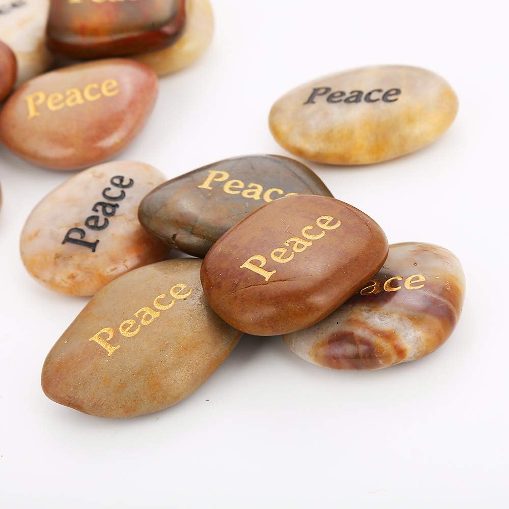 ROCKIMPACT 50PCS Peace Stone Engraved Inspirational Prayer Stones Zen Chakra Gratitude Rocks Palm Love Stone Pocket Motivation Encouragement Rocks Peace Rock, 2"-3" Each