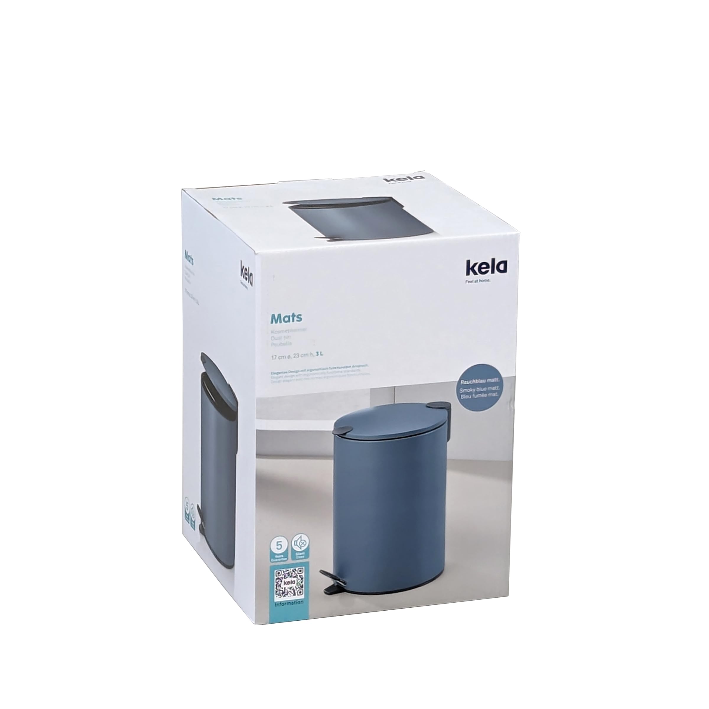 kela Secchio per cosmetici 3 l blu opaco, coperchio con chiusura silenziosa, pattumiera a pedale per bagno MATS, pattumiera da bagno con secchio interno e manici per il trasporto