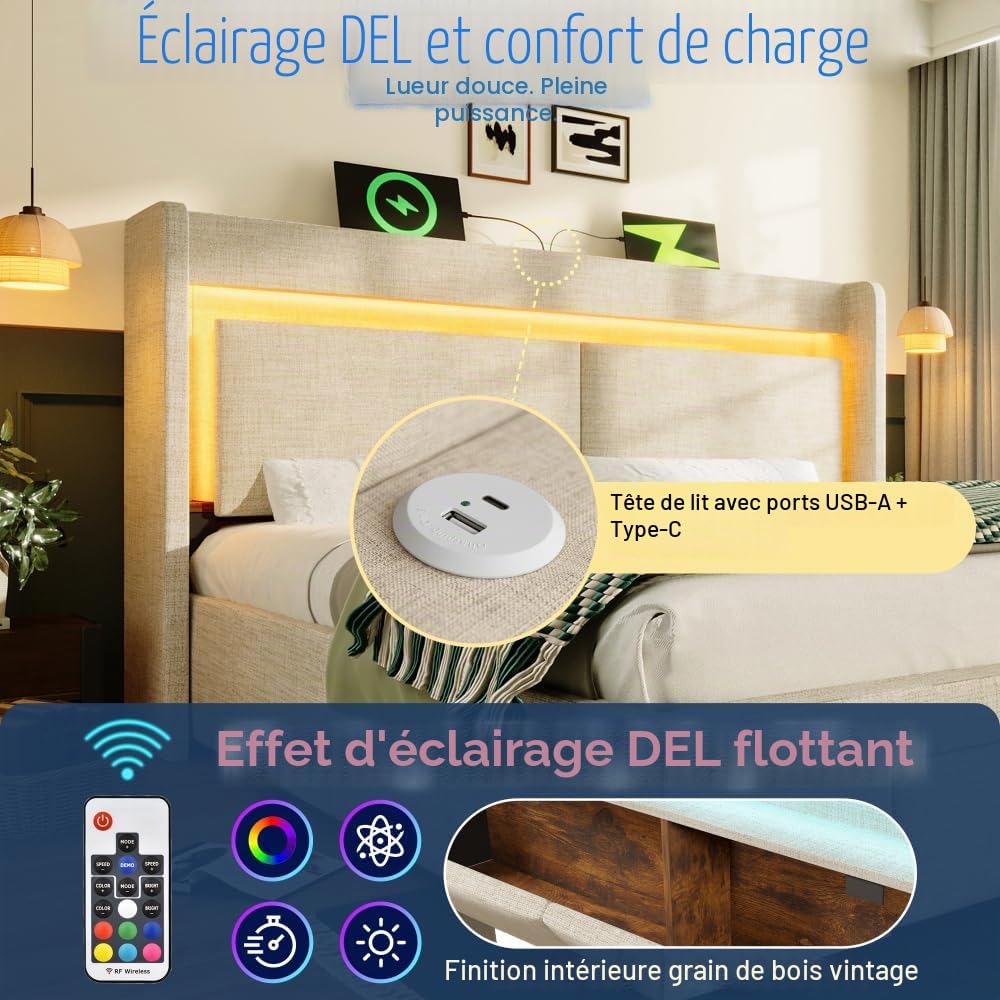 Sapgaks Lit rembourré avec LED,Port USB & USB-C,Rangement,tiroir,lit Coffre avec rangements hydrauliques,Cadre de lit 180x200 avec sommier à Lattes en Bois,Lin (Beige,180x200)