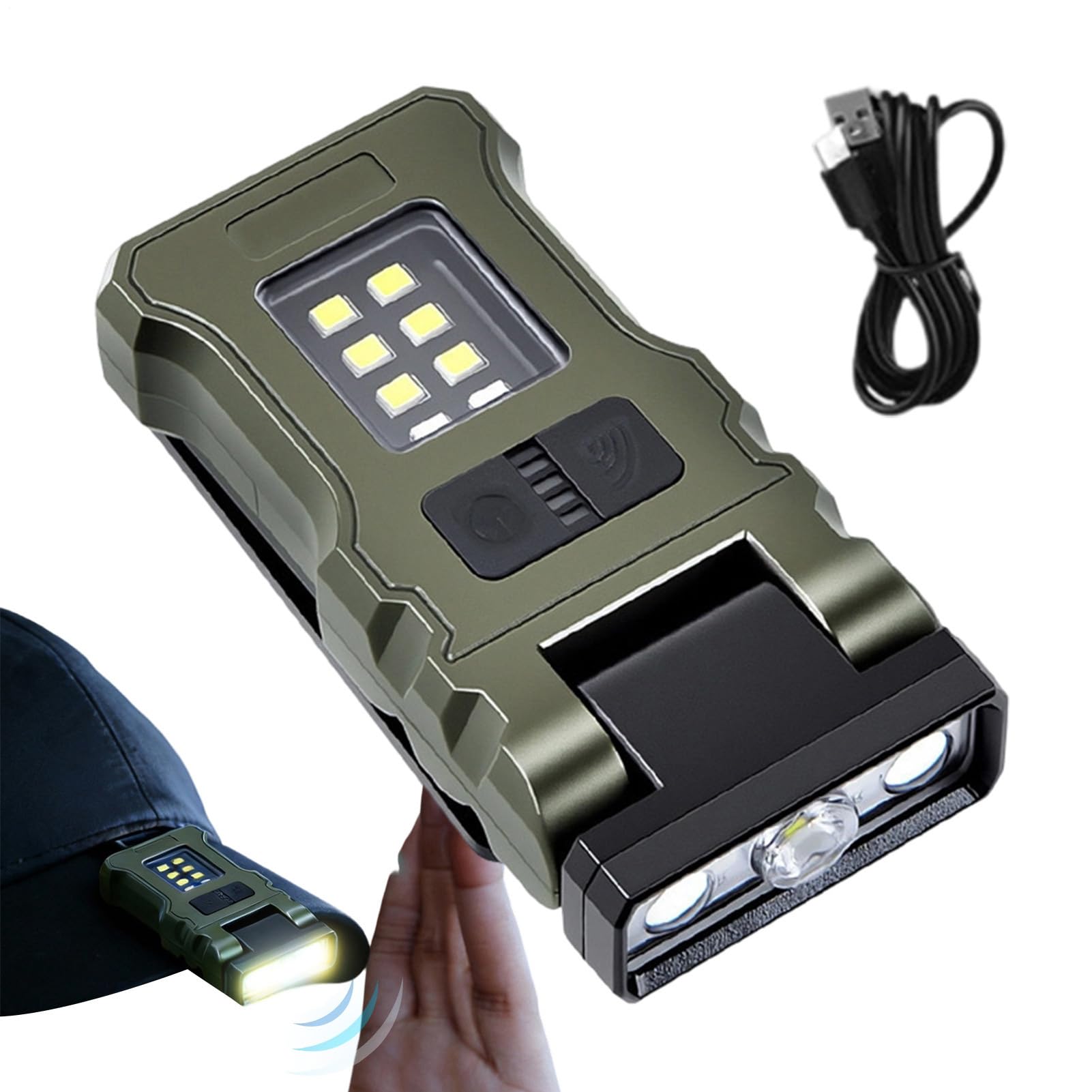 Linterna frontal recargable ligera LED con clip impermeable para pesca y construcción 8