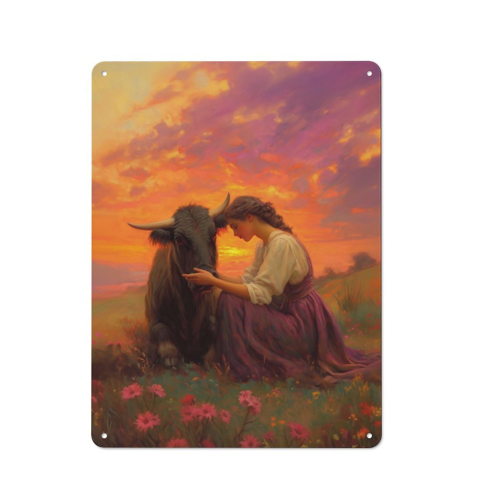 Junmoney Woman And Bull At Sunset Vintage Tin Sign 40X30cm With For Guest Room Or Hallway, For Collectors Decorating Guest Rooms And Hallways