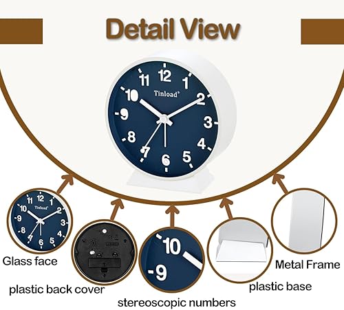 Miniatura 3 de Reloj despertador analógico, reloj pequeño súper silencioso de 4.5 pulgadas sin tictac con luz manual, funciona con pilas, repetición, decoración