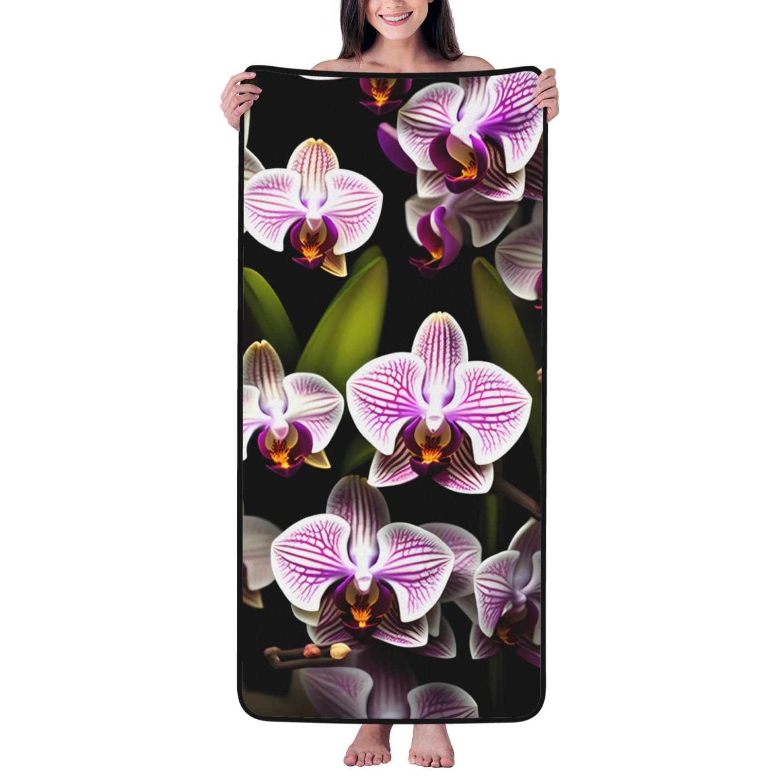 Nimongt Unisex Orange Orchids Print Lightweight Comfort Coral Velvet Bath Towel Home Bathroom Hotel Spa Beach Travel
