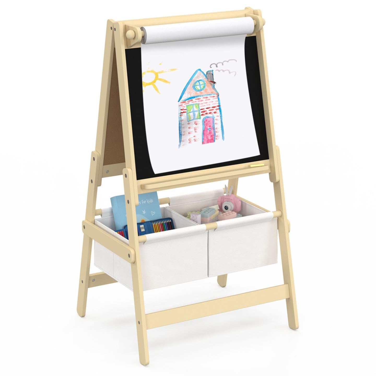 IDMarket - Pizarra Infantil 3 en 1 Caballete de Doble Cara con Rollo de Papel y 2 Cestas de Almacenamiento