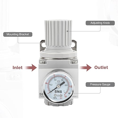 Miniatura 3 de SNS Regulador de presión de aire Rosca hembra 38 NPT Tipo compacto de alivio 0-150 PSI ajustable, soporte, calibre SAR3000K-N03