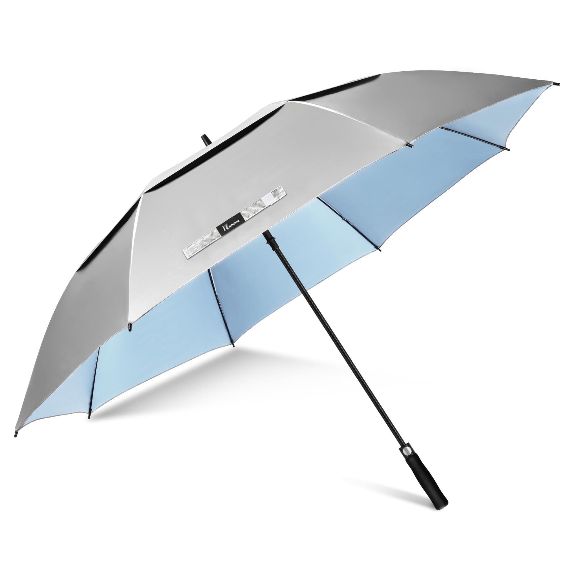 NINEMAX UV Golf Umbrella for Sun Protection 68inch, Large Sun Umbrella Windproof and Rainproof Strong UPF 50+, Reflective Golfing Brolly Double Canopy Heavy Duty for Men Women (Silver/Light Blue)