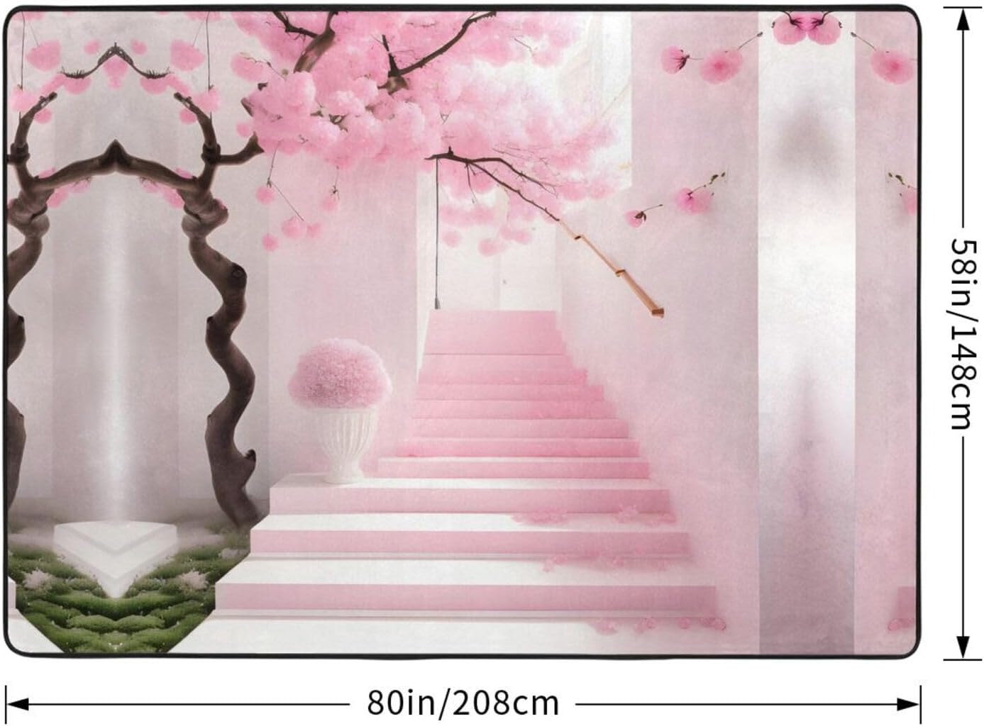 Pink Cherry Blossom Staircase Printed Floor mat 80x58 inches, Non-Slip Decorative Carpet for Bedroom and Living Room