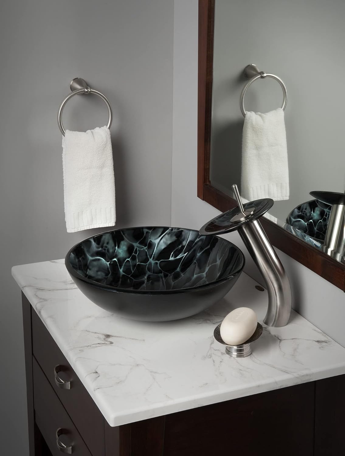 Miseno MNO-G210 Circular 16-1/2" Tempered Glass Vessel Bathroom Sink - Flat Black Drain