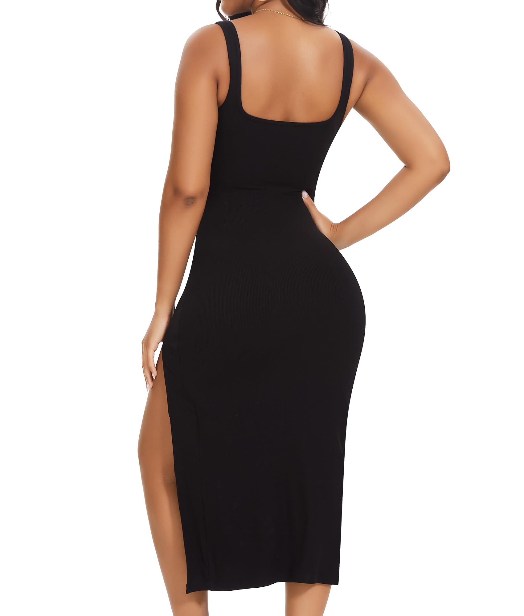 SHAPERIN Robe Sculptante Longue Femme Shapewear Slit Robe Col Carré Décontracté Moulante Robe Midi sans Manches