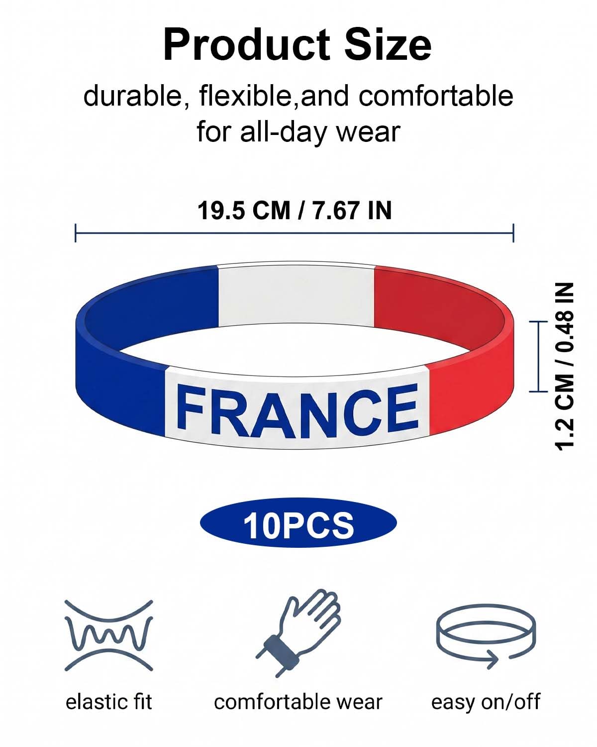 TISCH Bracelet Supporter France Lot de 10 Silicone Élastique Bleu Blanc Rouge CDM 2026. Soutien Équipe de France. Idéal Fans, Public Viewing & Stade. Robuste & Confortable.