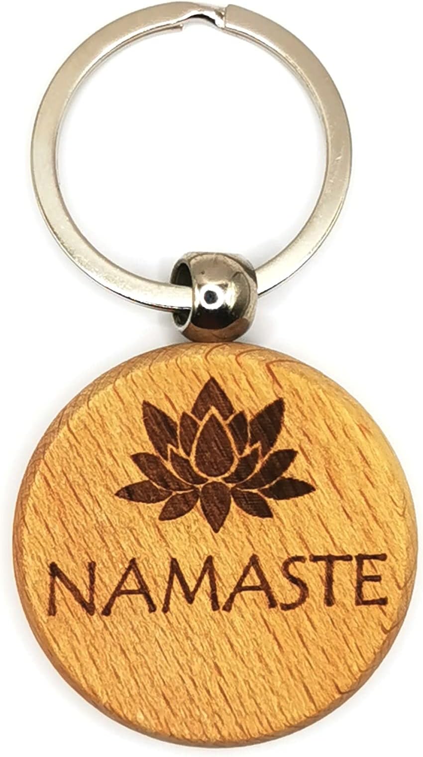 R. Heaven Namaste keyring with lotus flower lasered wood keychain 7cm