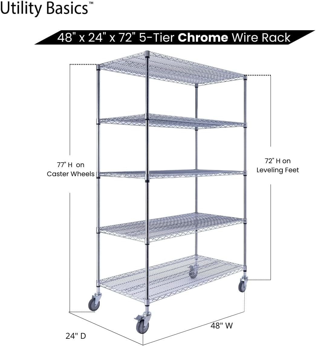 NSF Commercial 5-Tier Wire Shelving with Wheels, 48"x24"x72" Heavy Duty Metal Shelves 4000 lbs Max Capacity, Chrome Storage Rack for Garage Kitchen Pantry Warehouse