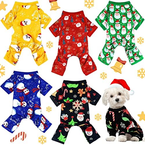 5 Pieces Dog Christmas Pajamas Dog Christmas Pets Jumpsuit Dog Puppy Rompers Bodysuit Christmas Style Puppy Clothes Christmas Dog Outfit Apparel for Pets Puppy Dog Cat(Fit 5.5-7.7 lbs)
