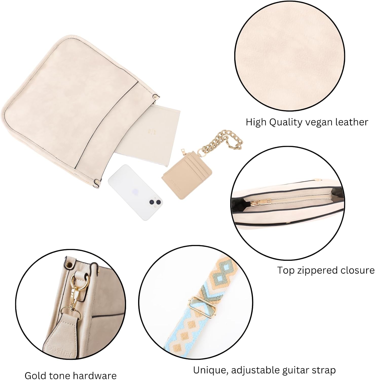 JEN & CO. Crossbody Bags for Women Trendy Vegan Leather Hobo Purses Shoulder Handbags with Wide Adjustable Guitar Strap - Image 4