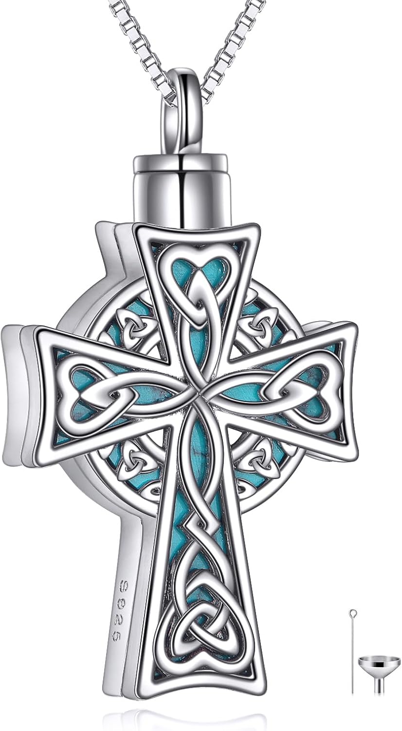 Celtic Knot Cross Urn Necklace for Men Women, 925 Sterling Silver Turquoise Cross Urn Pendant Necklace, Commemorative Jewelry For Cremated Remains, Remember Loved Ones or Pet, Box Chain