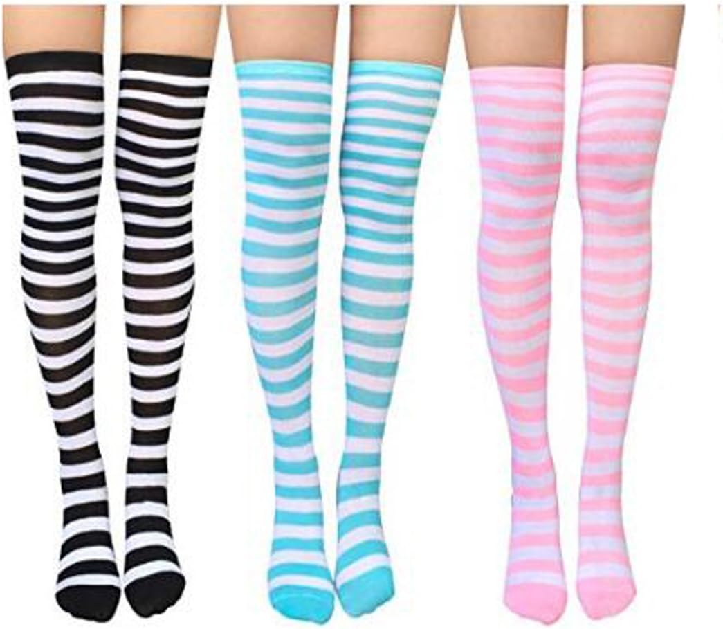 3 Pairs Women Long Striped Thigh High Socks Over Knee Stockings