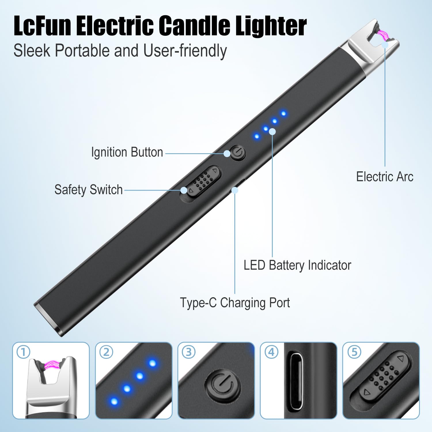 LcFun 3 Pack Candle Lighter Electric USB Rechargeable Plasma Arc Lighter with Safety Lock, Windproof Flameless Long Lighters for Candle, Grill, BBQ, Camping, Gas Stoves (Black, Rose Gold, Blue)