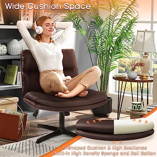 Pukami Armless Office Desk Chair No Wheels,Pu Leather Criss Cross Legged Chair For Home Office,Modern Swivel Vanity Chair,Mid-Back Computer Chair,Height Adjustable Wide Seat Task Chair (Brown) #TOP2