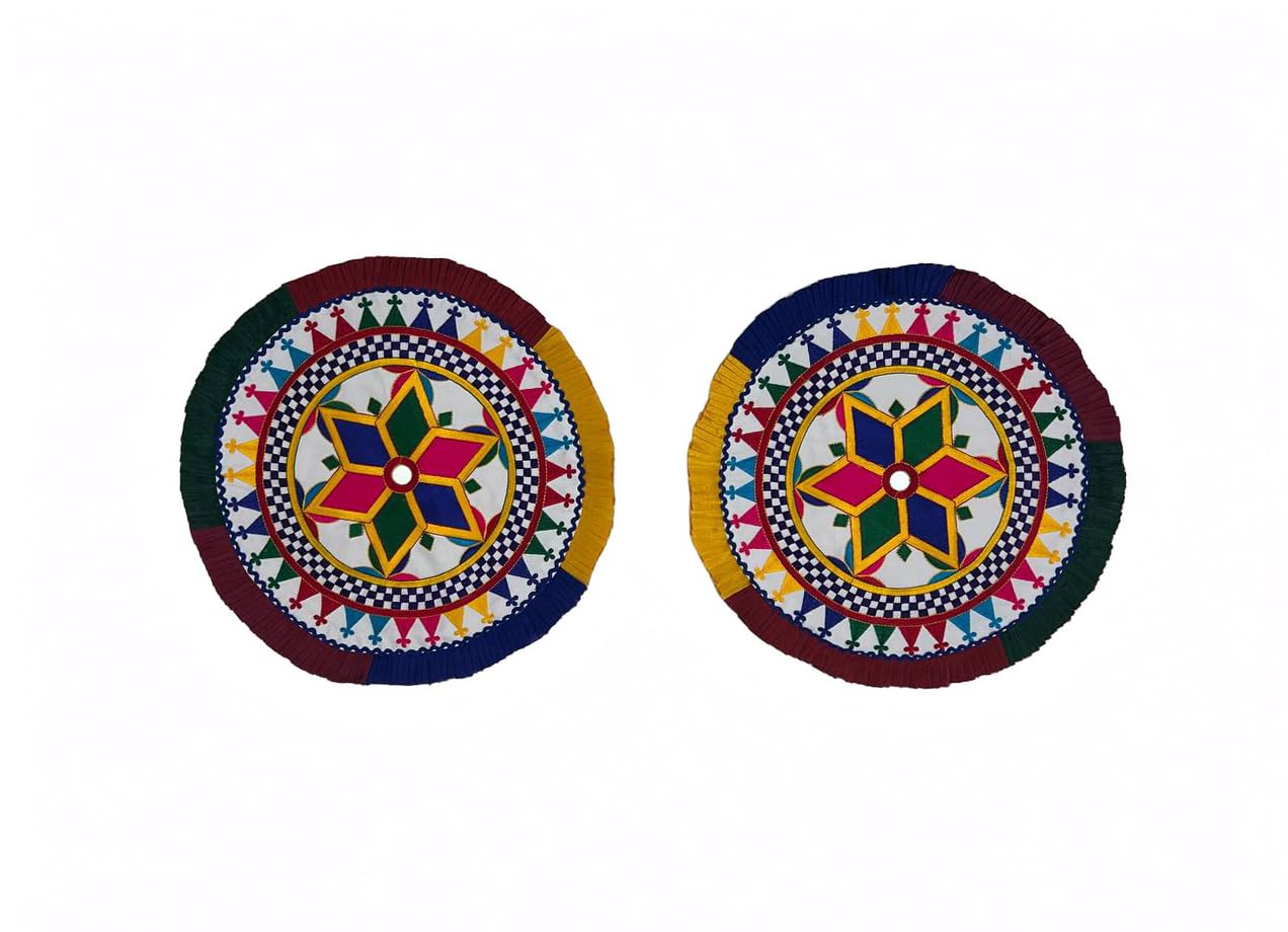 Varni Art Traditional Hand Embroidered Round Tarapariya Wall Hanging (Set of 2) | Gujarati Kutchi Work Star Motif Mirror Work Wall Decor for Home Temple & Festivals (17 * 17 inch)-image-25