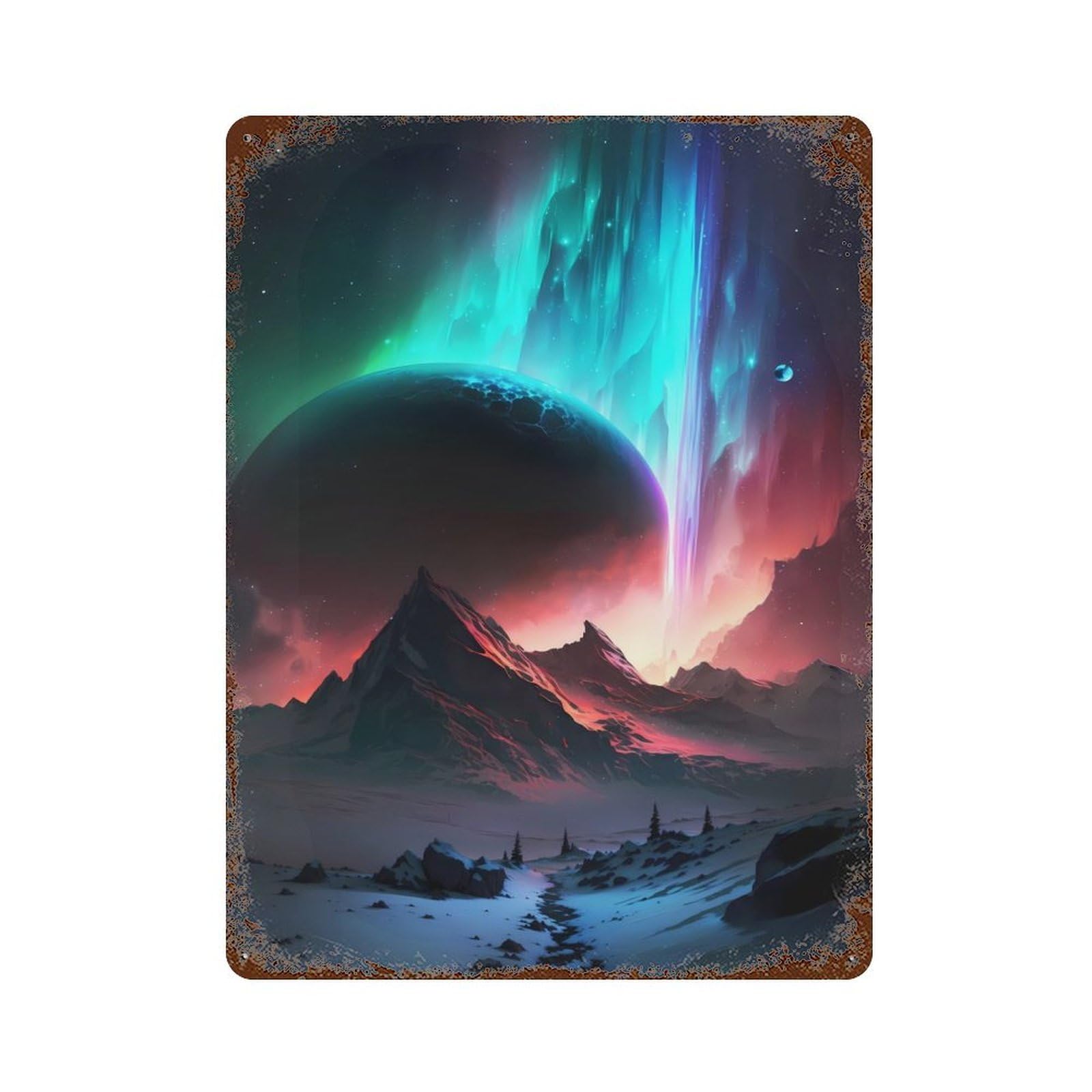 Cosmic Mountainscape Vintage Wall Sign 15.7"x11.8", Rust Effect Metal Decor for Office, Studio And Wall Decor