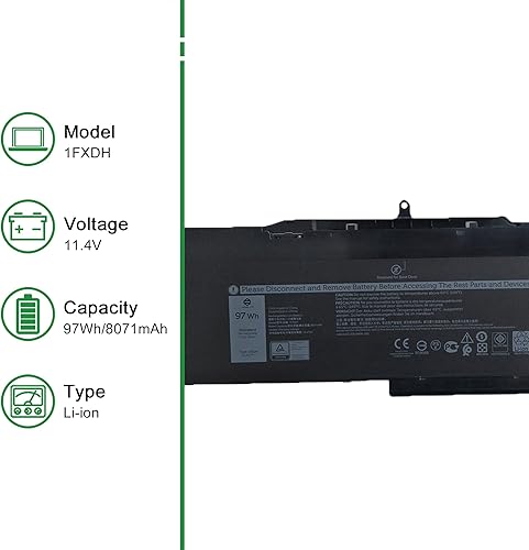 Miniatura 2 de 1FXDH 01WJT0 - Batería de repuesto para laptop Dell Latitude 5501 E5501 Precision 3541 Series Notebook 1WJT0 D191G 11.4V 97Wh 8071mAh 6-Cell