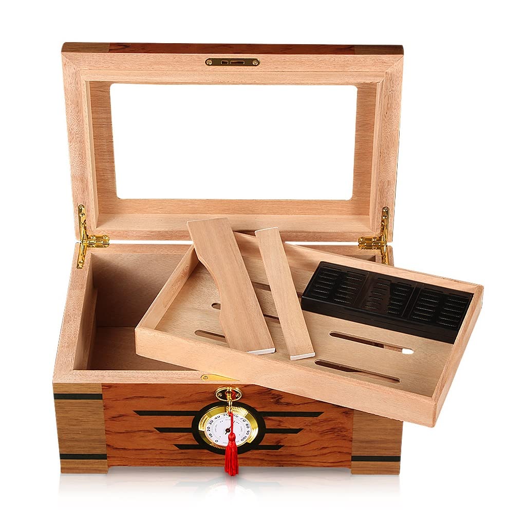 WYJZALLL Glass-Top Humidor Cabinet, Cigar Humidor, Humidor Cabinet for 100 Cigars, Cedar Lined Cigar Desktop Box with Humidifier and Front Hygrometer