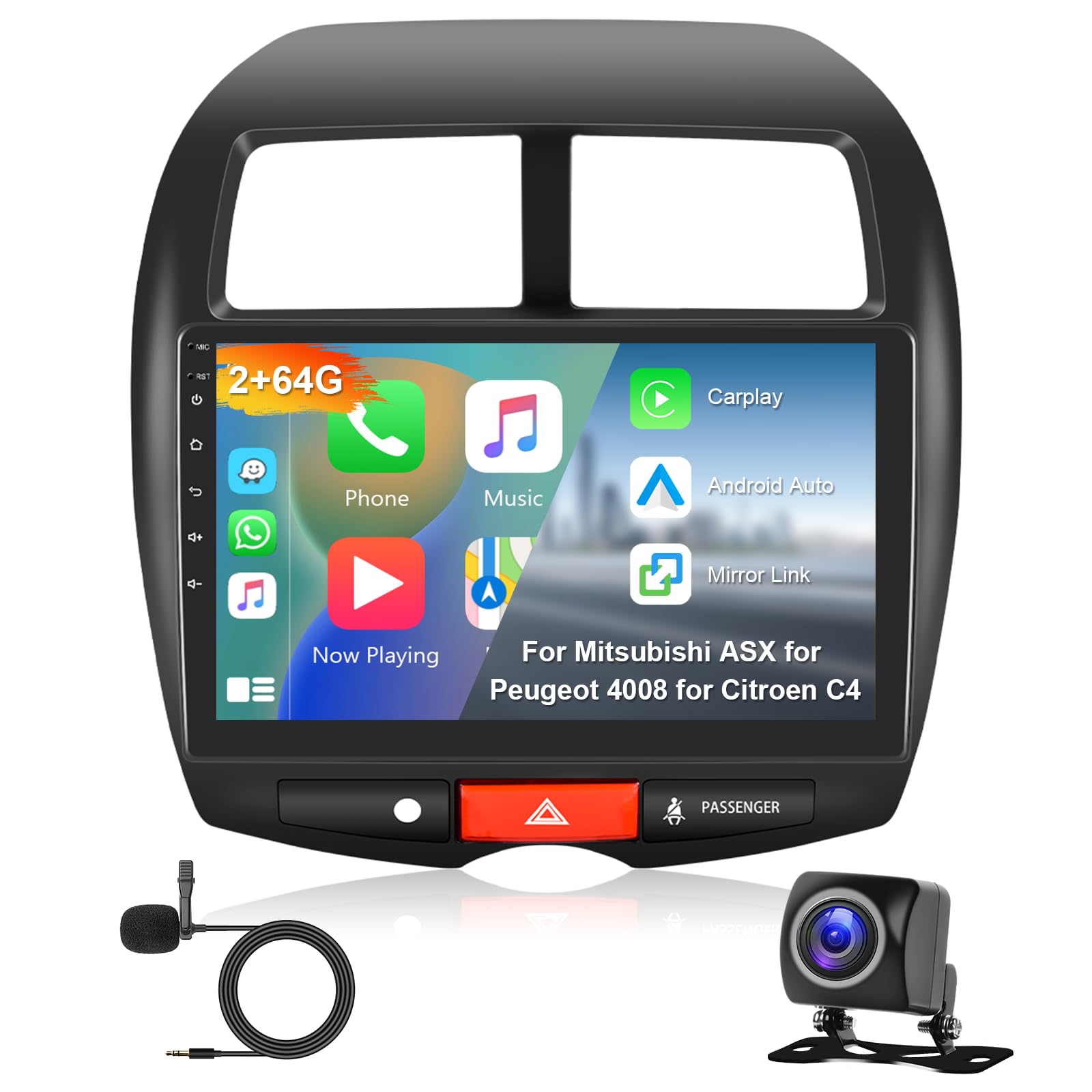 Hodozzy 2GB 64GB Radio para Citroen C4 (2007-2013)/Mitsubishi ASX (2010-2016)/Peugeot 4008 (2012) Carplay Android Auto, 10,1 Pulgadas 2 DIN Pantalla Táctil Radio Android GPS WiFi Bluetooth RDS Cámara