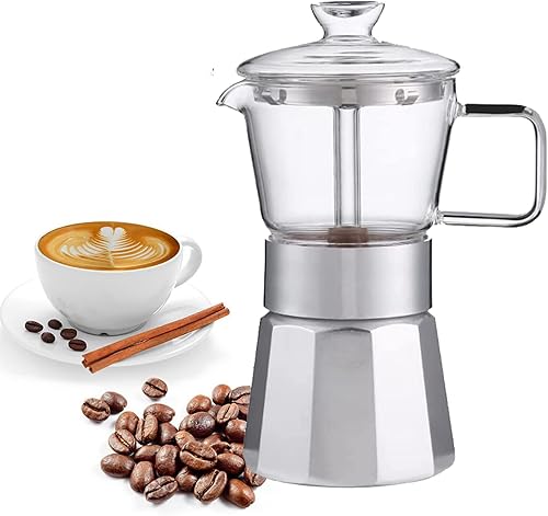 Olla de moka espresso prémium con parte superior de cristal de cristal, cafetera de aluminio para café fuerte con sabor, 469 tazas, 12.7 oz9 tazas