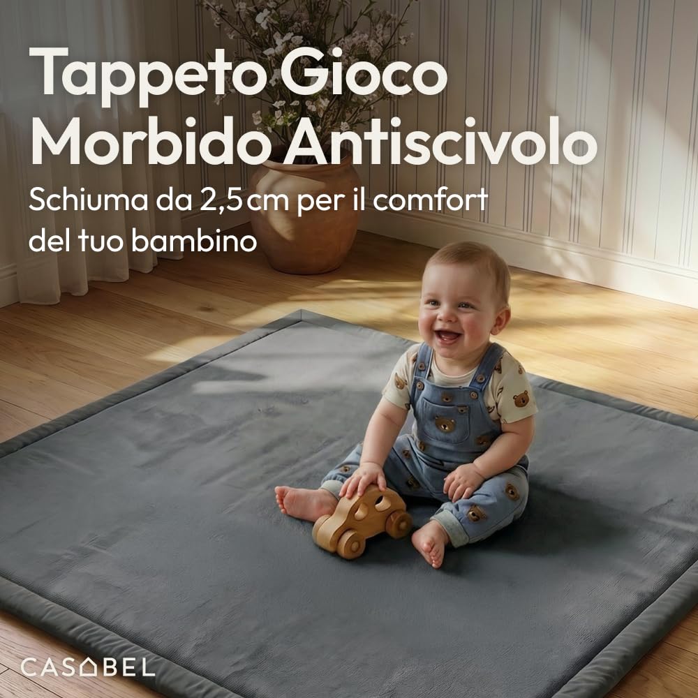 CASABEL Tappeto gioco per bambini, velluto, morbido, 120x120, grigio | Spessore 2,5 cm, schiuma confortevole, base antiscivolo, facile da pulire, ideale per giocare e gattonare, cameretta bébé