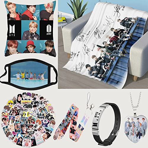 Flannel Blanket Gift Set, Including Flannel Blanket 40 x 60 inch, 50 Sheet Stickers, Pillowcase 18 x 18 inch, Face Cover, Bracelet, Lanyard and Necklace, Best Gifts Set for Fans