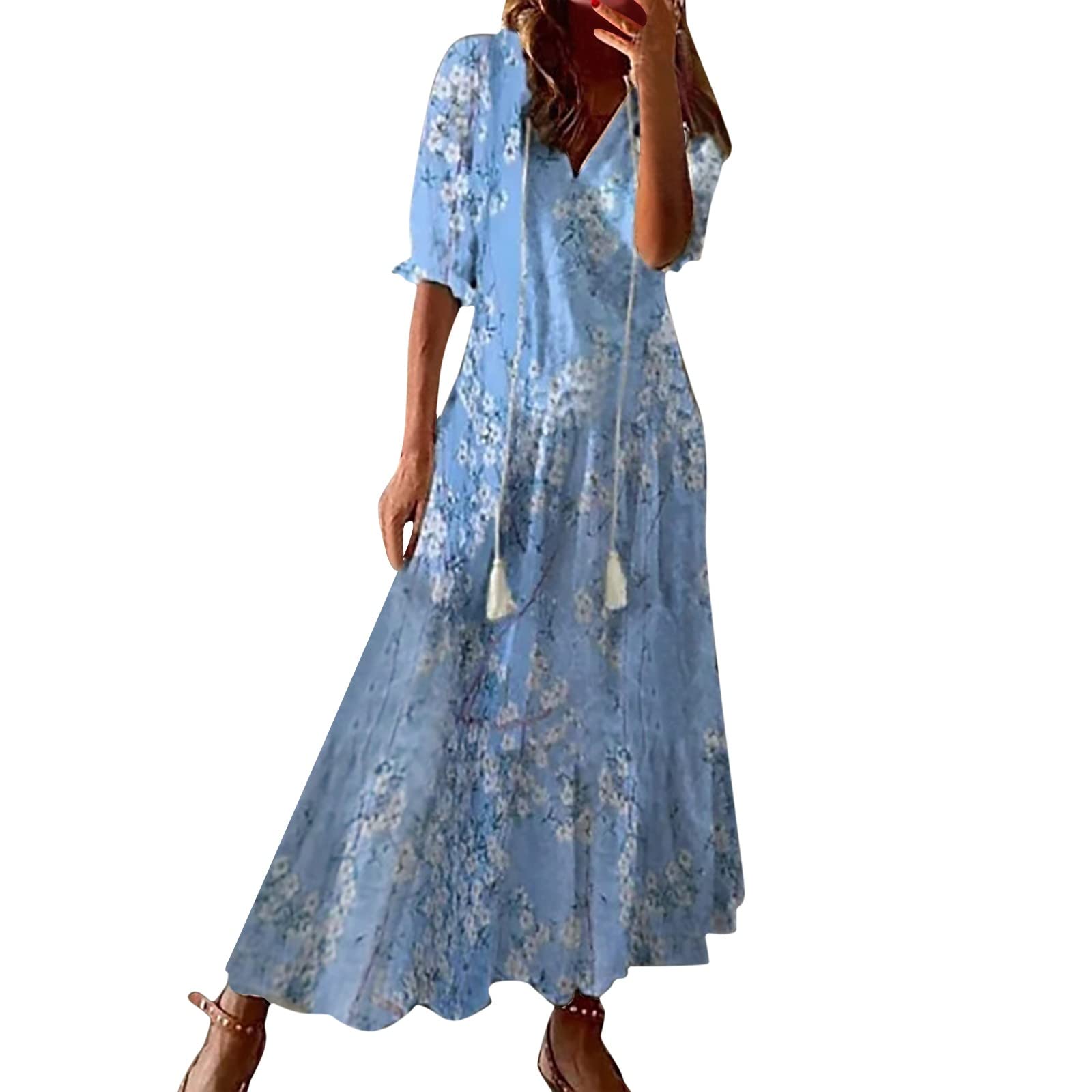Generic Vestidos modestos y holgados con cuello en V para mujer, vestido de verano 2024, bohemio, largo, estampado floral, vestidos de primavera para mujer, vestidos de graduación fluidos para mujer, vestidos