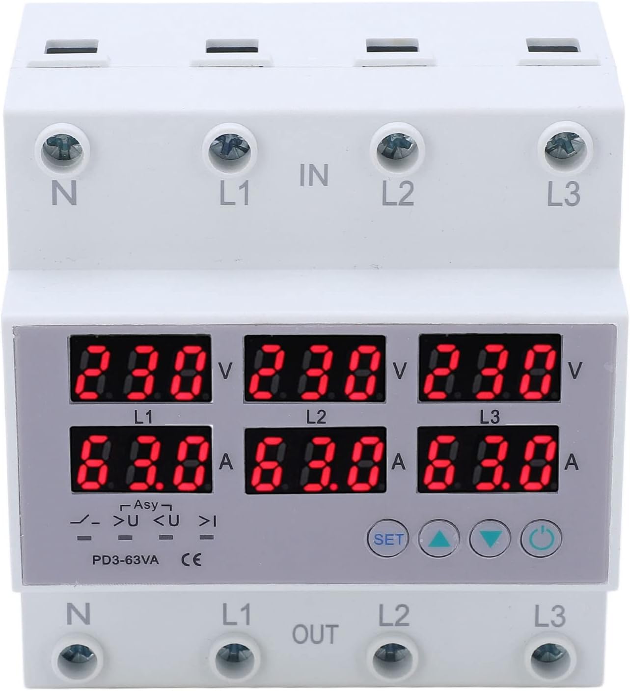 soobu3 Phase Energy Meter, Din Rail Power Factor Voltage Current Power Tester Volt Amp Watt Meter Electric Meter Multimeter AC 390‑500V Frequency Power Meter Voltage Protector Relay (40A)