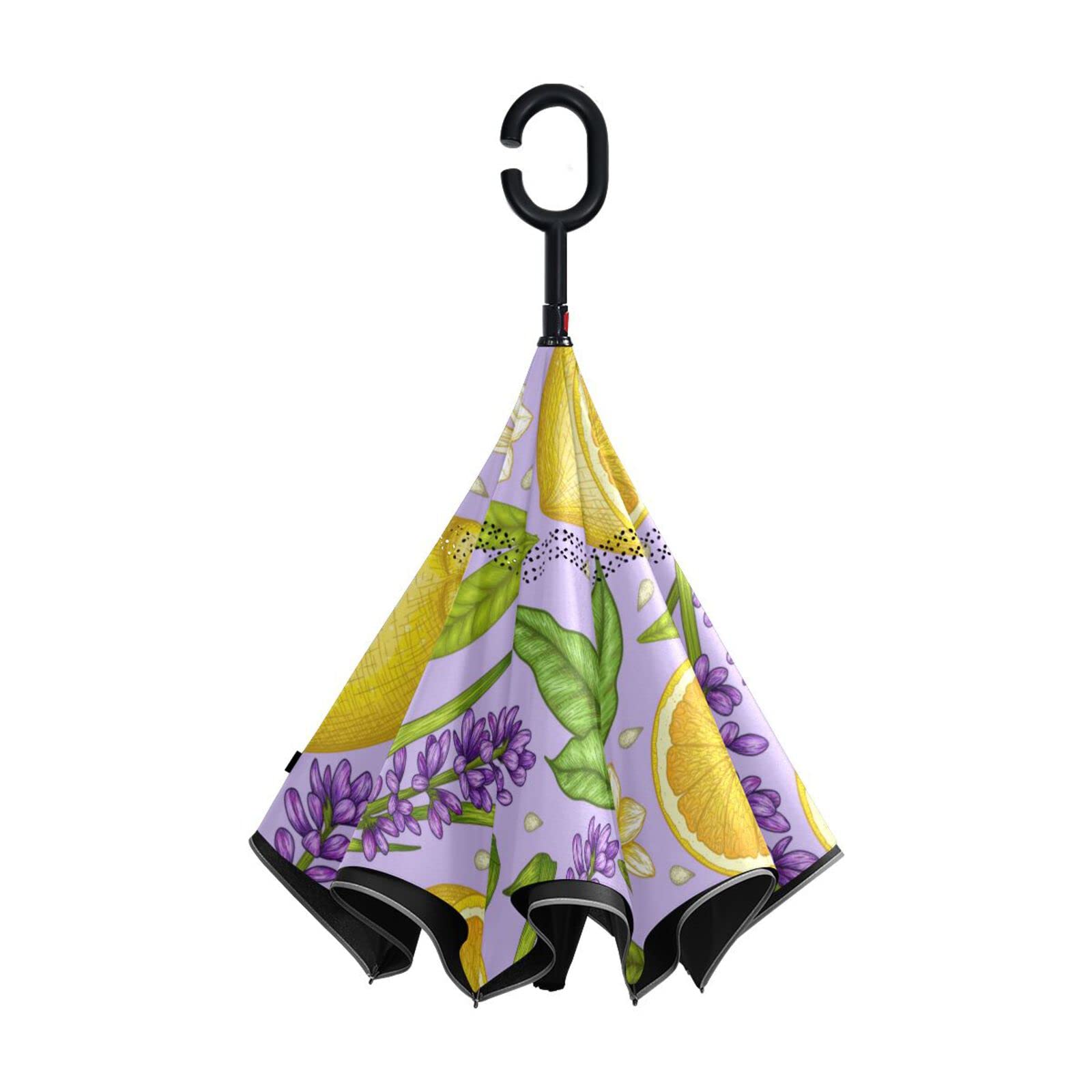 MNSRUU Doble capa invertida amarillo limón lavanda paraguas coches reversa viento lluvia paraguas para coche exterior con mango en forma de C, protección UV a prueba de viento, Multi, L