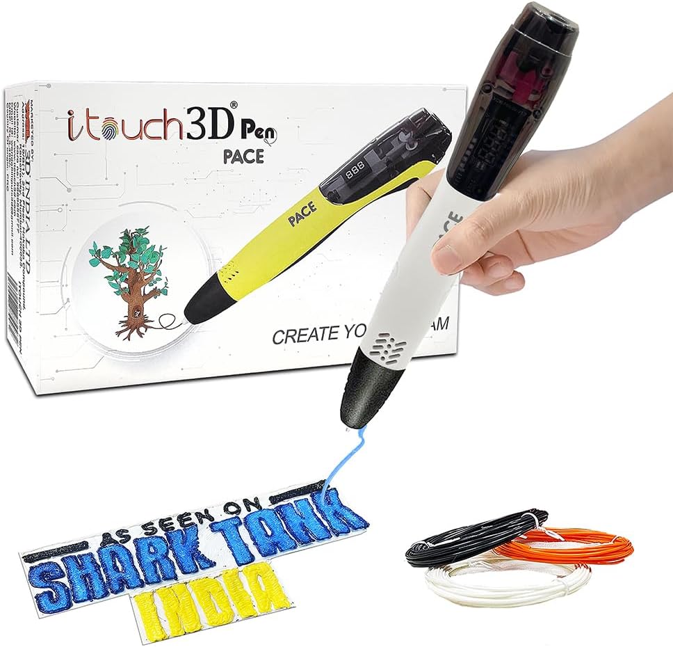 WOL3D I Touch Pace 3D Magic Pen (White) for Kids, Ergonomic Grip, Adjustable, Intelligent Speed & Temperature Regulation, OLED Display Speed, Accepts 1.75mm PLA/ABS Filaments, 0.7mm Nozzle, USB 5V 2A