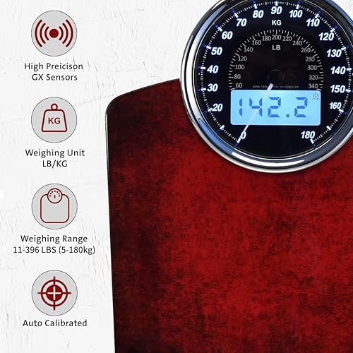 Miniatura 5 de EILISON Highly Advance 2-in-1 Digital & Analog Weighing Scale for Body Weight-400lbs, 4 High Precison GX Sensor Accurate, Thick Tempered Glass, Rojo