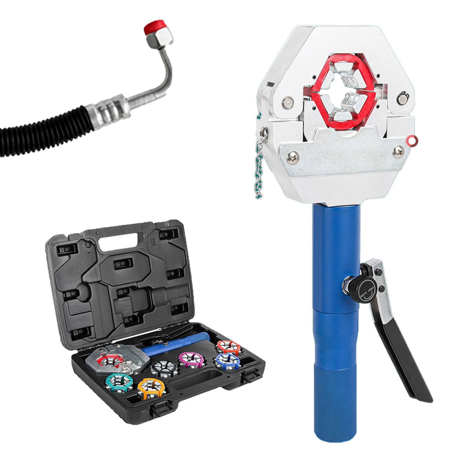 Prensa Multicapa hidráulica 8T Manual, Kit portátil, Cabeza Abierta 360°, 7 Matrices Coloridas, para tuberías de A/C automotriz y Sistemas multidisciplinares.