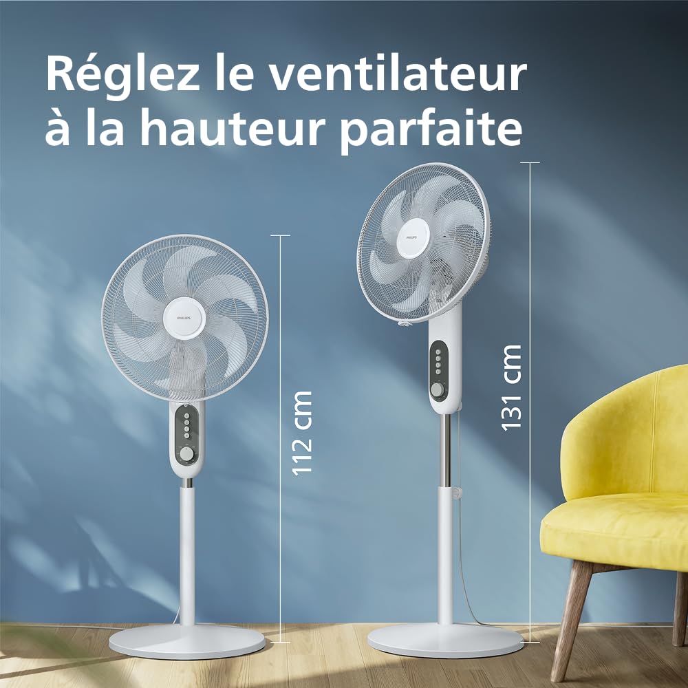 PHILIPS Ventilateur sur pied Série 1000 - Puissant et silencieux, 38 dB, Hauteur réglable, Inclinable et rotatif, Minuterie, Blanc (CX1220/00)