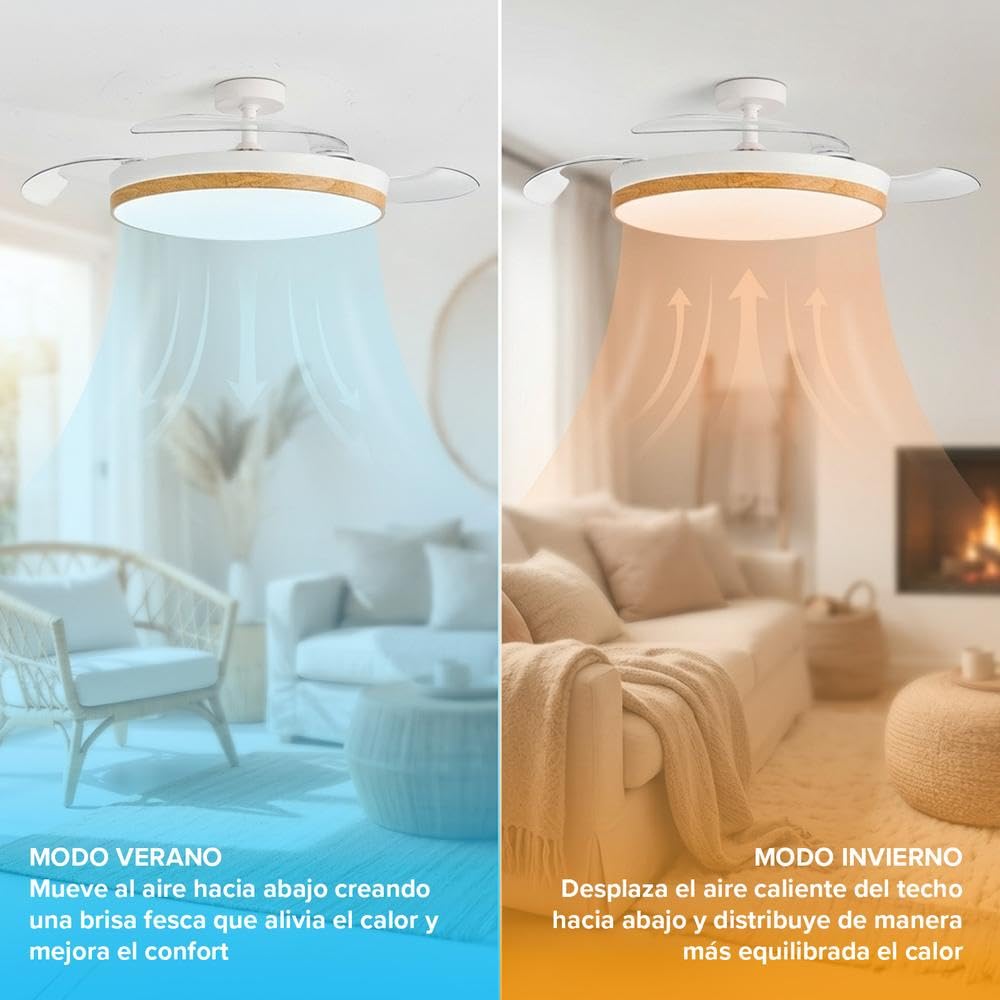 CONCEPT NATURE Ventilador de Techo con luz, Madera | Luz LED regulable, 3 tonos de luz, Motor DC, 6 velocidades, Mando a distancia, Temporizador 2H, Modo verano/invierno